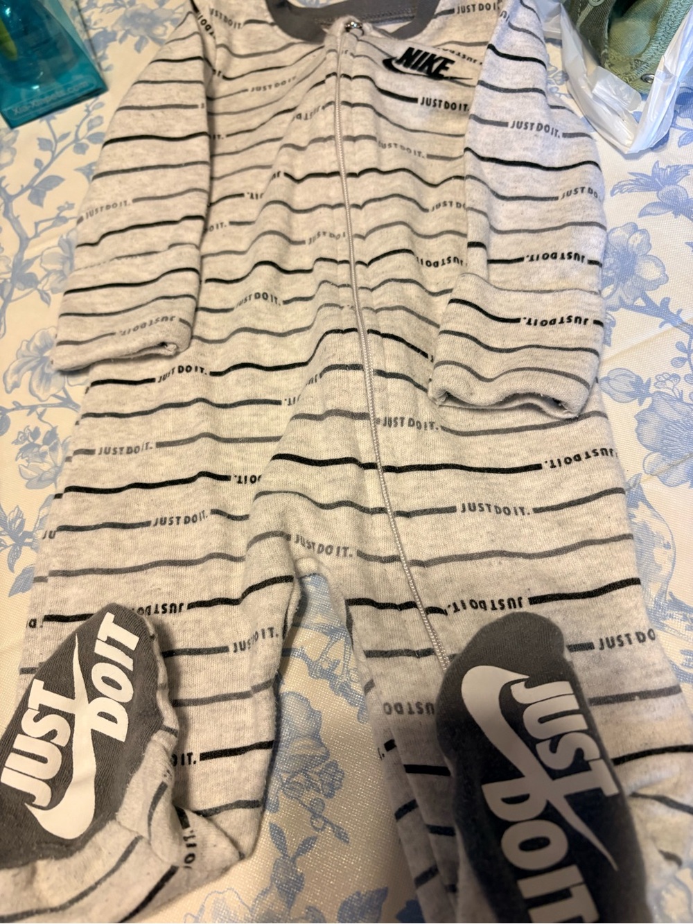Nike Grey and Black Striped 'Just Do It' Baby Footie